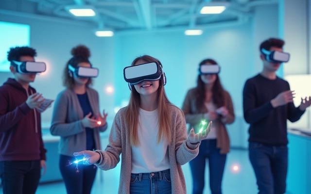 Students in a VR-powered classroom, learning interactively.