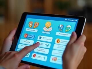 Tablet displaying an interactive learning application with gamified elements.